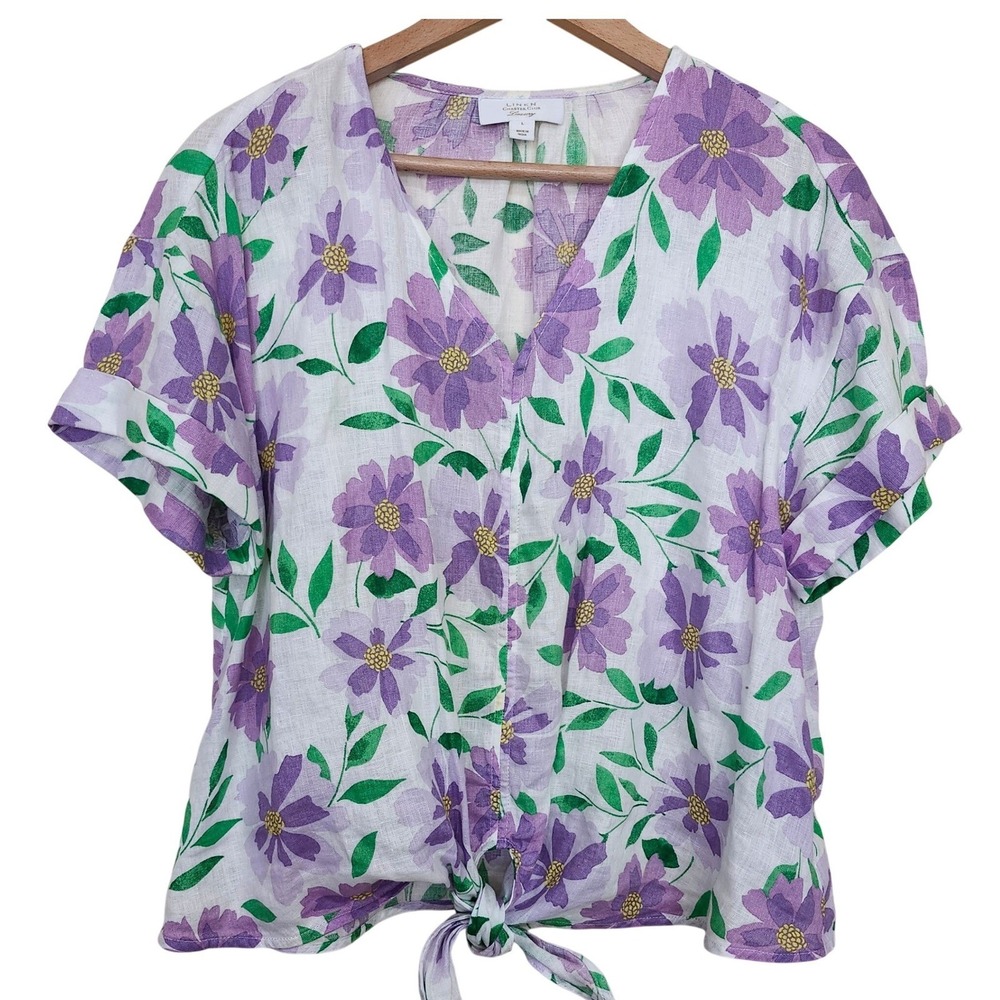 Charter Club Linen Luxury Floral Print Tie Front V Neck Top Women L
White Purple